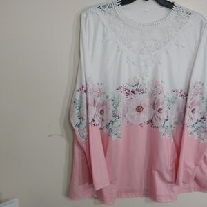 White and Pink Floral Blouse with Long Sleeves